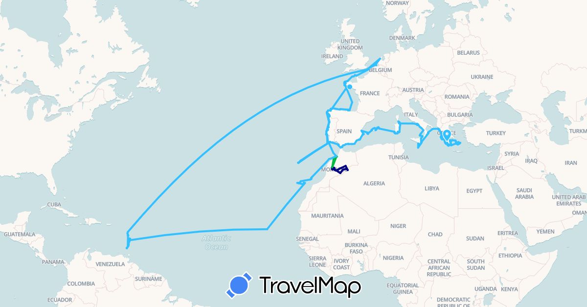 TravelMap itinerary: driving, bus, boat in Cape Verde, Dominica, Spain, France, Grenada, Guernsey, Greece, Italy, Saint Lucia, Morocco, Malta, Netherlands, Portugal (Africa, Europe, North America)